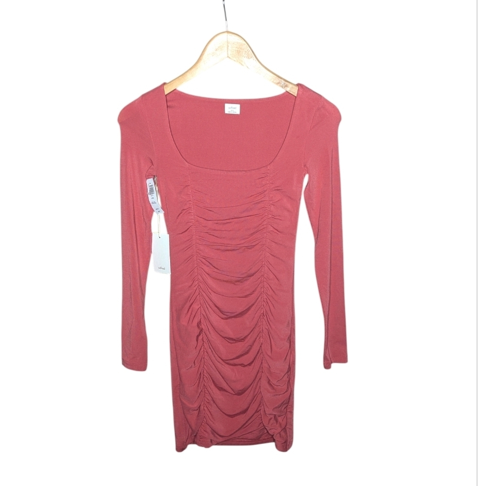 Aritzia Wilfred Lydia Mini Dress Rose 2XS Ruched Bodycon Long Sleeve Stretch